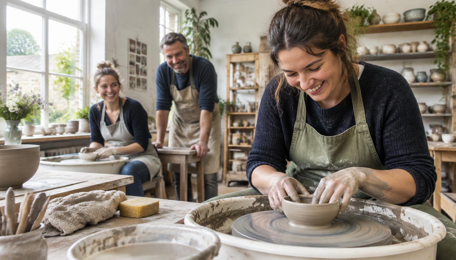 Learning to throw a clay bowl at a pottery class